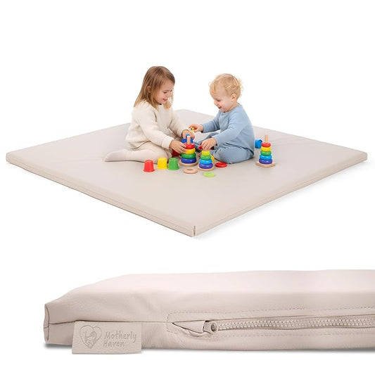 Motherly Haven Thick Baby Play Mat – 50x50x1 Rollable Foam Floor Mat for Babies, Tummy Time, Crawling & Safe Indoor Play – Waterproof, Non-Toxic & Easy to Clean – Beige