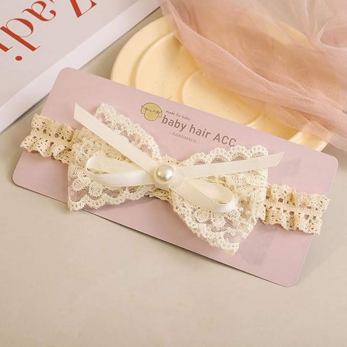 Cute Baby Girl Lace Headband Lace Bow Hair Accessories Elastic Bow Head Wrap for Newborn Infant Toddler Christening Baptism Party Hair Accessories for 0-36 Months (Ivory A, Free)