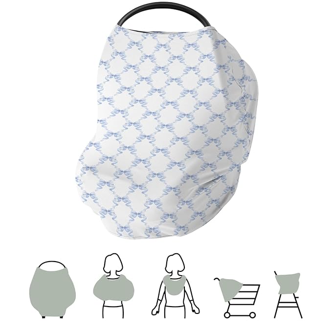 Blue Bows Ribbon Car Seats Cover for Babies Pastel Blue Ribbons Stretchy 5-in-1 Cover Adjustable Car Canopy Breastfeeding Cover Watercolor Bows Breathable Nursing Cover-Up