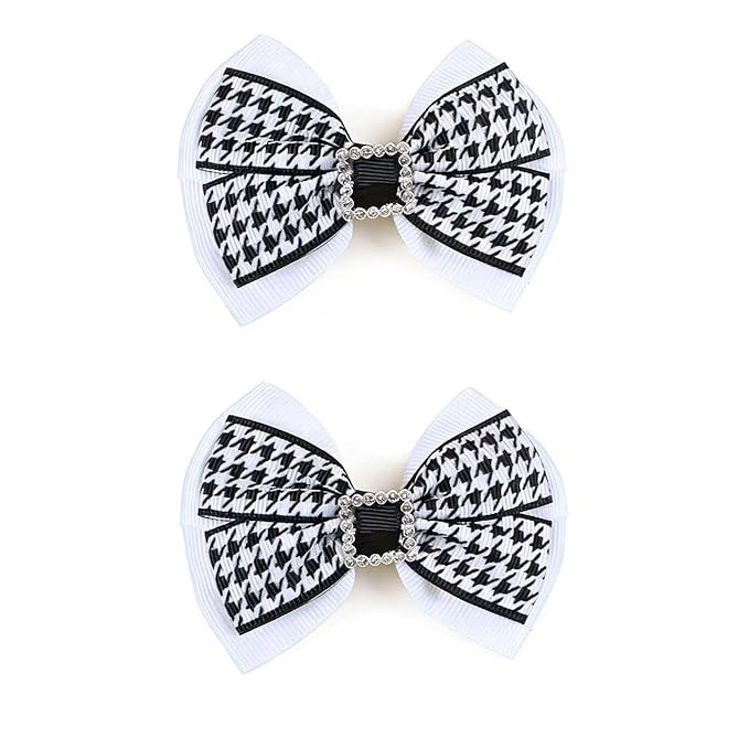 2PCS Baby Girl Dog Gift Wrap Hair Bow Clips Barrettes Houndstooth Hair Bow Clips with Rhinestone Buckle Black and White Fabric Bow Hair Accessories for Little Girls Toddler Kids Teens