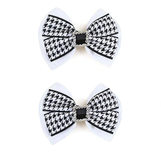 2PCS Baby Girl Dog Gift Wrap Hair Bow Clips Barrettes Houndstooth Hair Bow Clips with Rhinestone Buckle Black and White Fabric Bow Hair Accessories for Little Girls Toddler Kids Teens