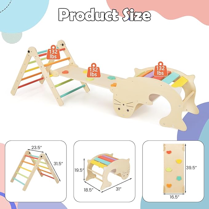 Olakids Pikler Triangle Set 7 in 1 Climbing Toys for Toddlers 1-3 Inside Foldable Wood Montessori Jungle Gym with Ramp Slide Arch Rocker Angle Adjustable Ladder Indoor Kids Playground Baby Climber
