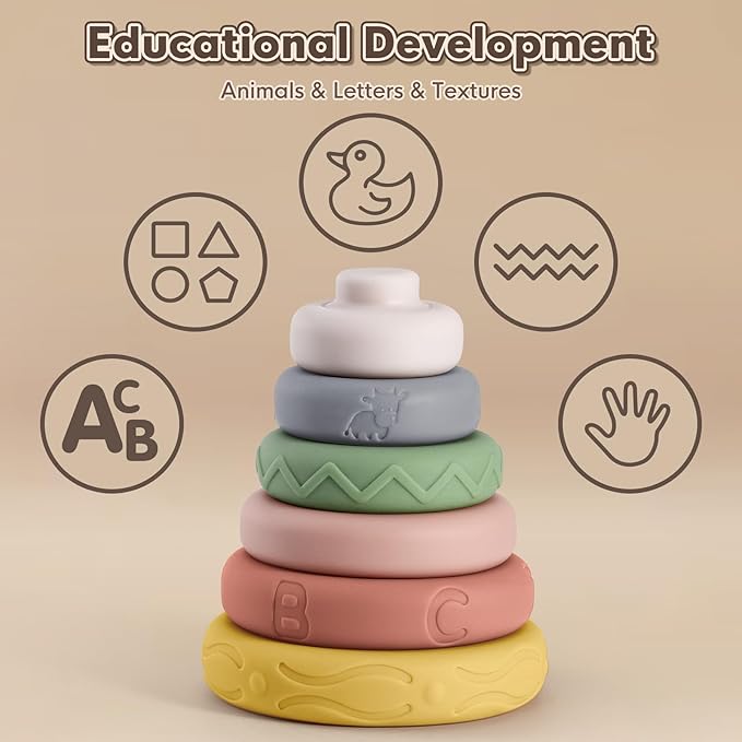 BOBXIN Baby Stacking & Nesting Rings Toy 4.7", 6pcs Soft Silicone Circle Building Stacker,Squeeze Play with Letter,Animal and Graphic,Toddler Sensory Learning Toys for Babies 6 Months+