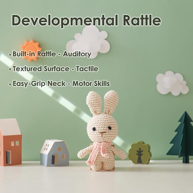 Crochet Sensory Rattle for Baby Early Development - Amigurumi Grip Toy - Soft Cotton Texture Shaker for Fine Motor Skills & Tactile Play - Newborn Essentials (Bunny & Giraffe)