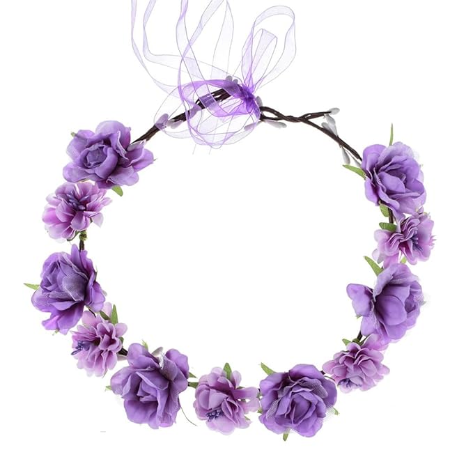 AKOAK 1 Pack Flower Crown, Bohemian Wreath for Girls Floral Tiara, Wedding Headband, Bride Bohemian Wreath/Baby Shower/Photo/Toddler (Purple)