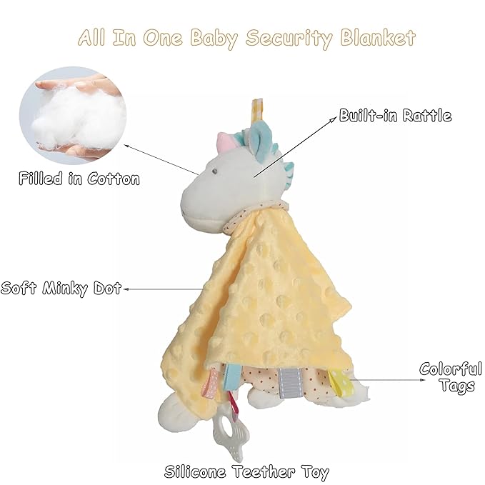 Yellow Unicorn Security Blanket with Tags Lovey Teether Toys Infant Stuffed Animal Taggy Blanket Soft Plush Minky Dot Baby Snuggle Blanket with Rattle Crinkle, Shower Gift for Newborn Infant