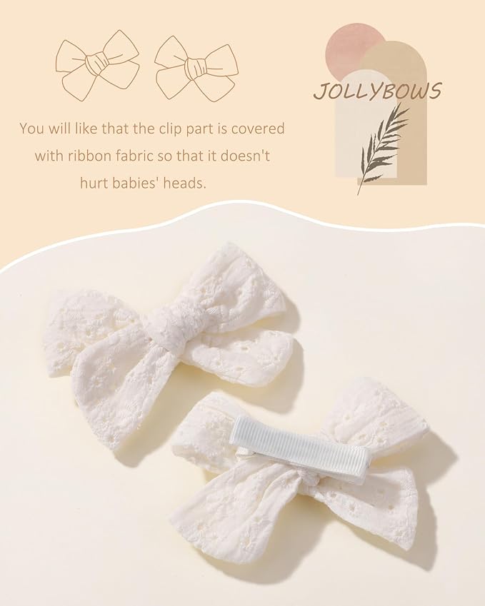 Jollybows 2pcs 3.2" Hair Bows Clips for Baby Girl Toddler Pigtail Neutral Linen Hair Clip Bows -White Eyelet