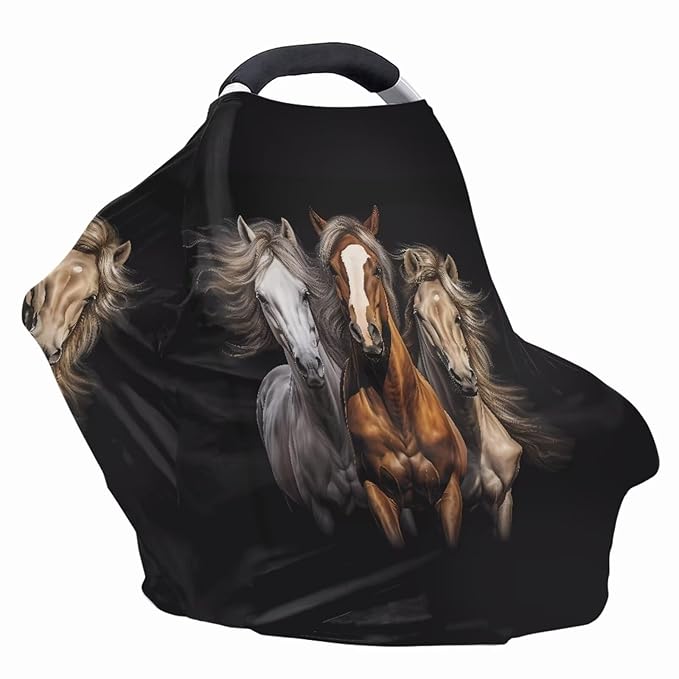 ZFRXIGN Horse Car Seat Cover for Babies Girls Stuff Nursing Cover, Stretchy Infant Carseat Canopy, Multi Use Cover Shopping Cart/High Chair/Stroller Covers Black