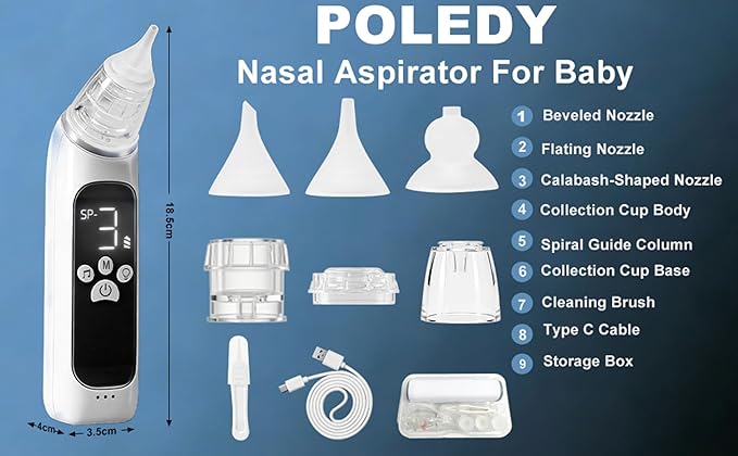 Electric Nasal Aspirator for Baby,POLEDY Waterproof Nose Sucker for Toddlers, Nose Cleaner with 3 Silicone Tips,3 Adjustable Suction Levels, Baby Booger Sucker with Music-Light Soothing Feature ﻿