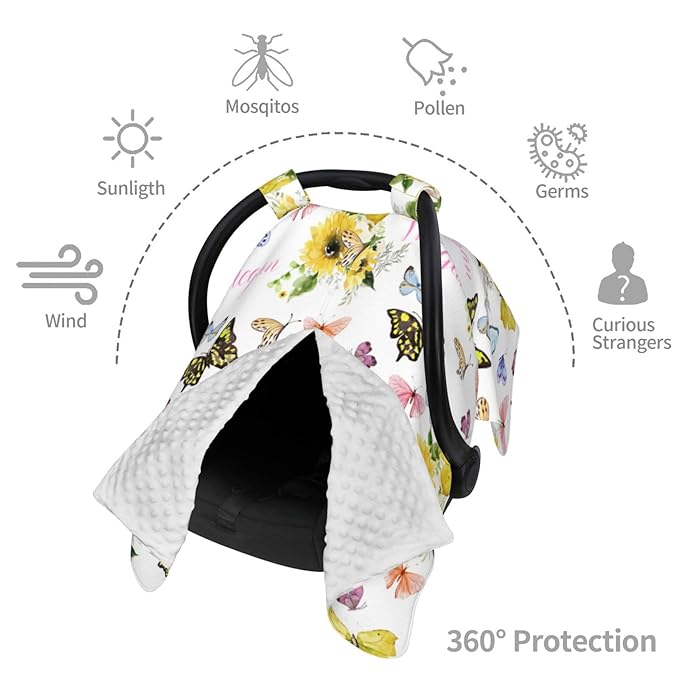 Personalized Baby Car Seat Canopy for Baby Girls, Custom Name Sunflower Butterfly Baby Car Seat Covers for Babies, Opening Minky Nursing Breastfeeding Cover for Infant, Carseat Canopies for Newborn