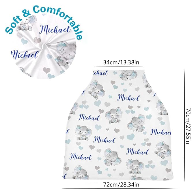 Personalized Cute Elephant Baby Car Seat Covers with Name, Custom Multiuse Nursing Breastfeeding Car seat Canopy, Infant Stroller Covers for Newborn Girl Boy, Ultra-Soft Breathable, Nursing Scarf
