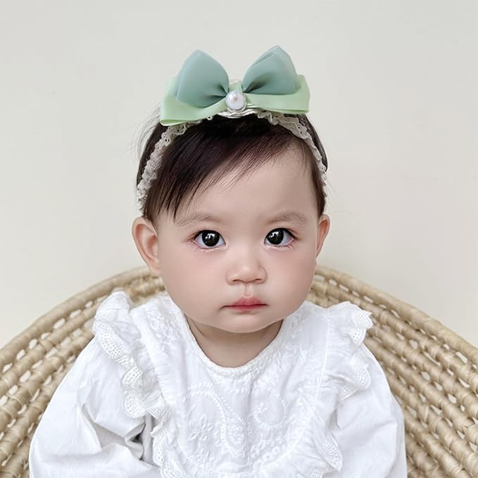 Bow Lace Headbands for Baby Girls Soft Tulle Ribbon Pearl Head Wrap Elastic Bow-knot Hair Band Shower Birthday Hair Accessory for Newborn Infant Toddler (Green C, Elastic)
