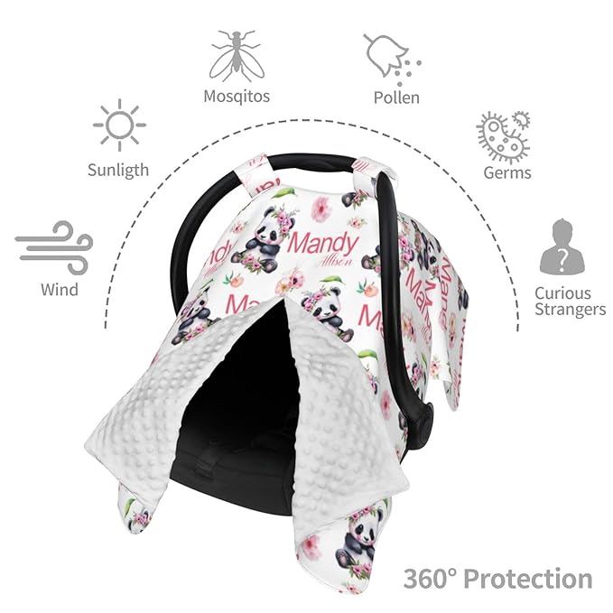 Personalized Baby Car Seat Canopy for Babies, Custom Name Baby Car Seats Covers for Girls, Opening Minky Nursing Breastfeeding Cover for Infant, Carseat Canopies for Newborn (Floral Panda Bear)