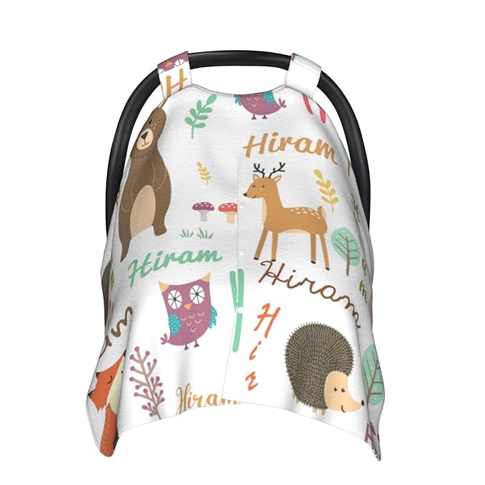 Personalized Name Car Seat Covers for Babies, Peekaboo Opening Car Seat for Baby Boys Girls, Multi Use Mom Nursing Breastfeeding Covers, Minky Carseat Canopy for Newborn Infant, Cute Animal