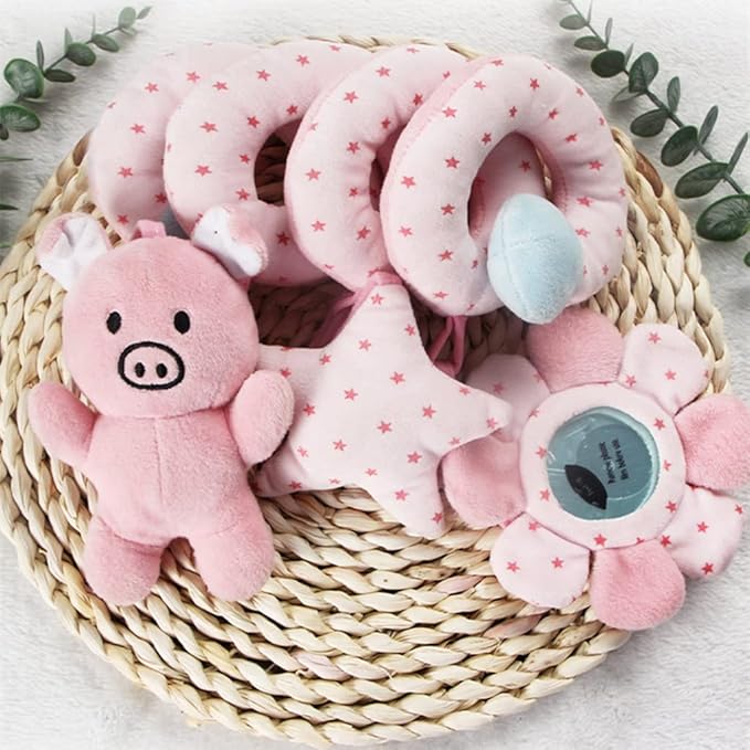 Baby Car Seat Toys, Infant Activity Spiral Plush Toys Hanging Stroller Toys for Baby Girl and Boy with Distorting Mirror (Pink Pig)
