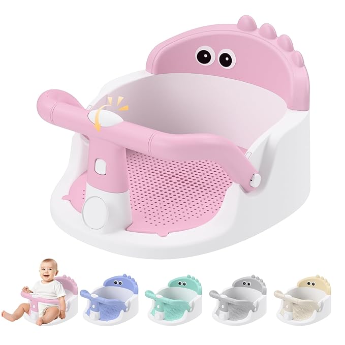 Baby Bath Seat for Babies 6 Months & Up Sitting Up | 360° Stable Toddler Bath Chair with One-Touch Button | Baby Bath Tub Seat with Suction Cups | Open Design, Compact, Detachable, Non-Slip (Pink)