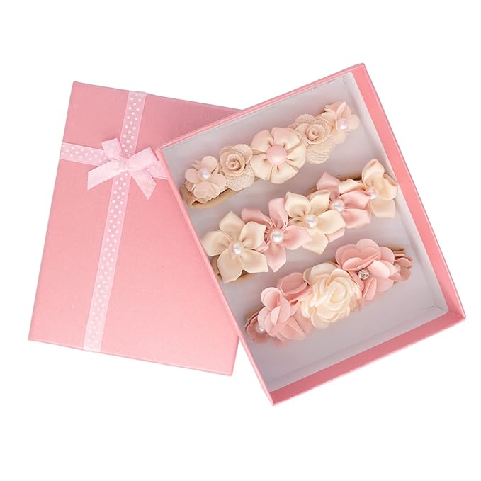 Baby Girl Flower Headbands Set, 3pcs Elastic Nylon Floral Hair Band, Bows Wrap for Infant Newborn Toddler