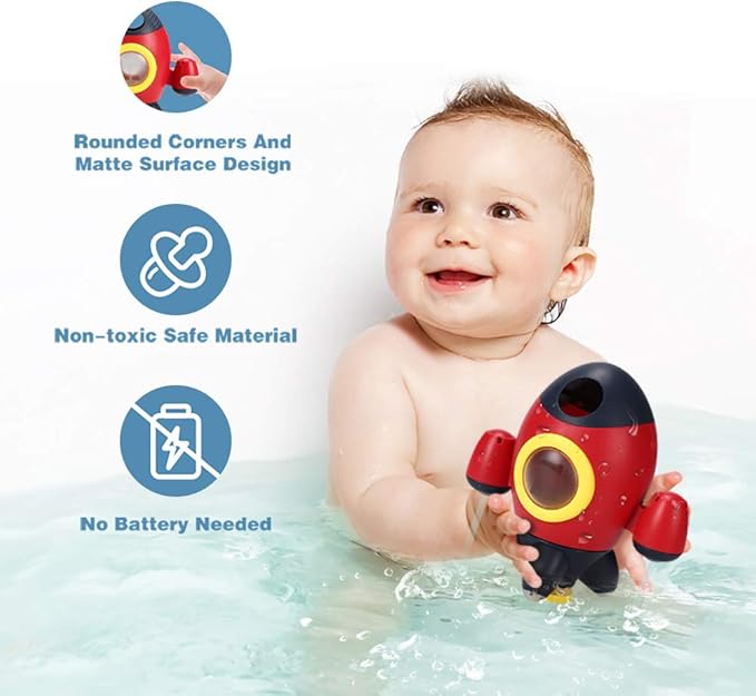 Elovien Bath Toys, Space Rocket Bath Toys for Toddlers 1-3, Spray Water Baby Bathroom Toys with Rotating Fountain, Shower Bathtub Toys for Toddlers Aged 18 Months 2 3 4 5 Years Old Kids Boys Girls