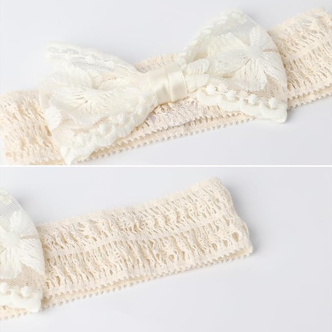 Baby Girls Bow Lace Headband Cute Soft Hairband White Butterfly Knot Headbands for Newborn Infants Toddlers Kids Christening Baptism Birthday Party Hair Accessories（Big flower bow）