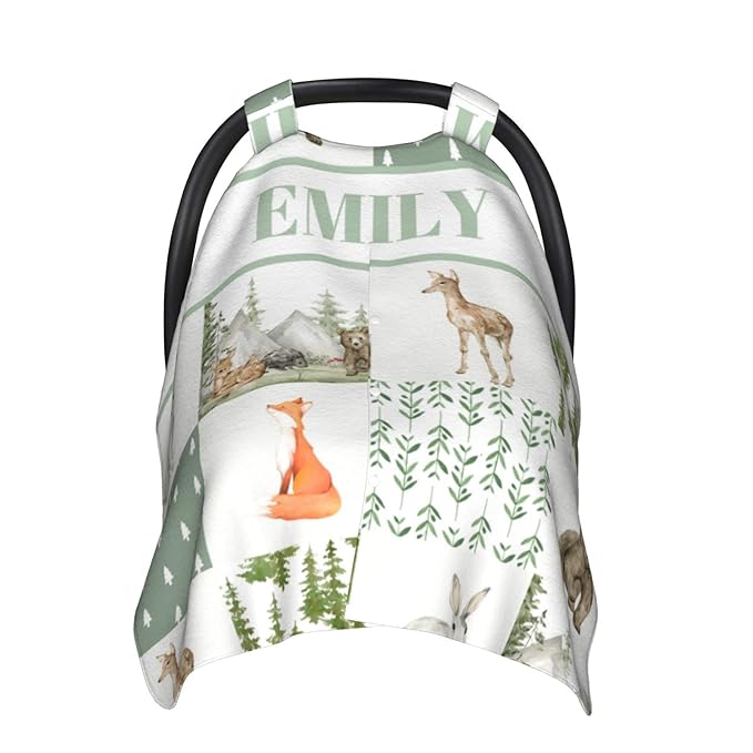 Personalized Baby Car Seat Canopy for Babies, Custom Name Car Seat Covers for Boys and Girls, Opening Minky Nursing Breastfeeding Cover for Infant, Carseat Canopies for Newborn (Wild Animals)