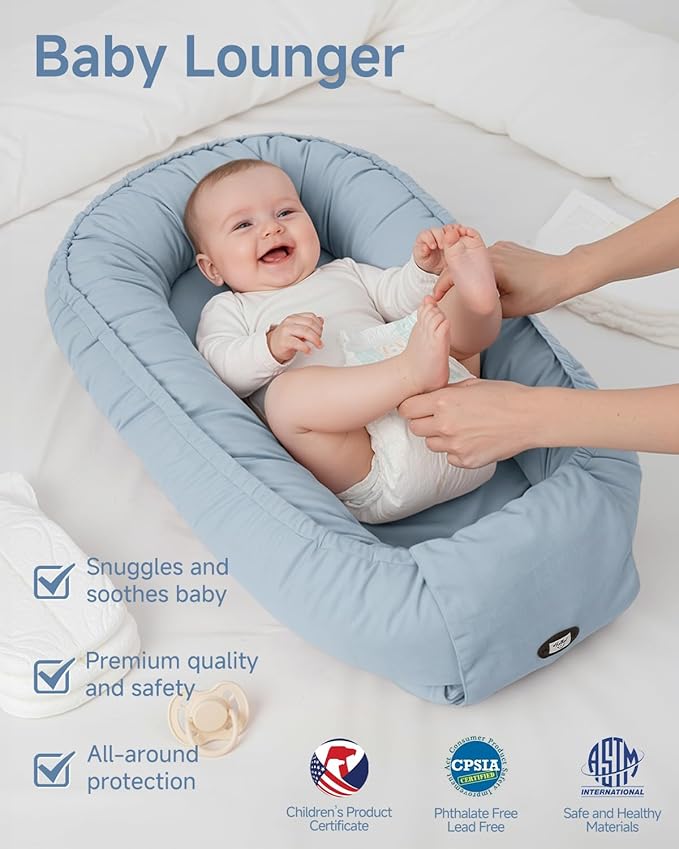 Baby Lounger, Adjustable Baby Lounger for Newborn 0-24 Months, Breathable & Soft Infant Lounger,Tummy Time Lounger for Home and Travel,Baby Girls & Boys Babies Stuff, Mother's Day Gift for Her, Blue