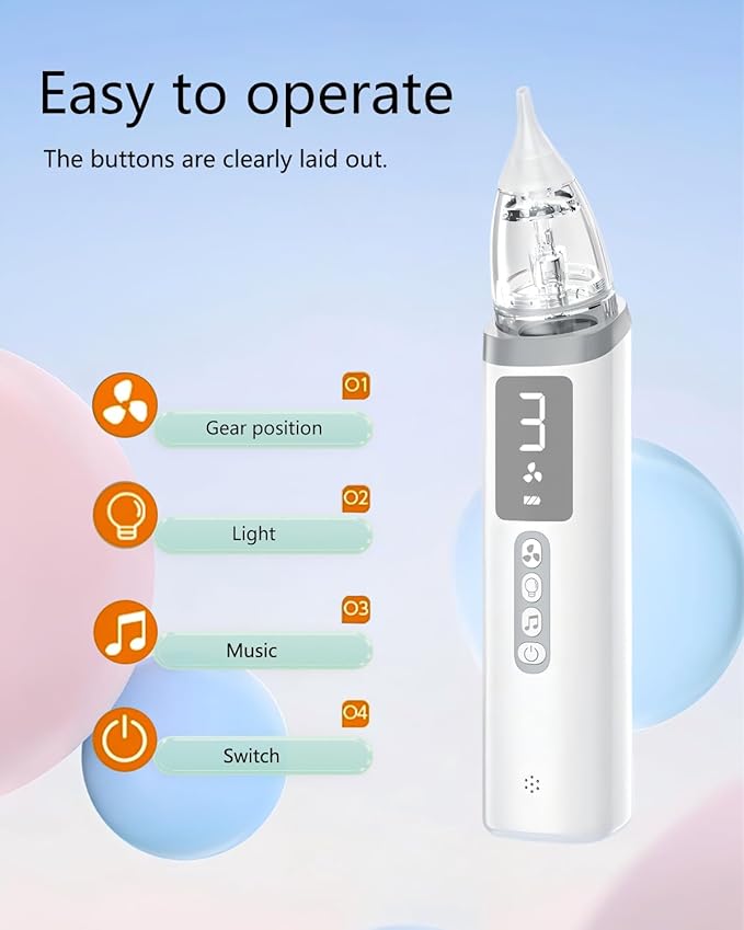 Nasal Aspirator for Baby,Baby Nose Sucker,Electric Nasal Aspirator for Baby,for Relieving Nasal Congestion,Nose Cleaner with 3 Silicone Tips,Adjustable Suction Level,Music and Light Soothing Function