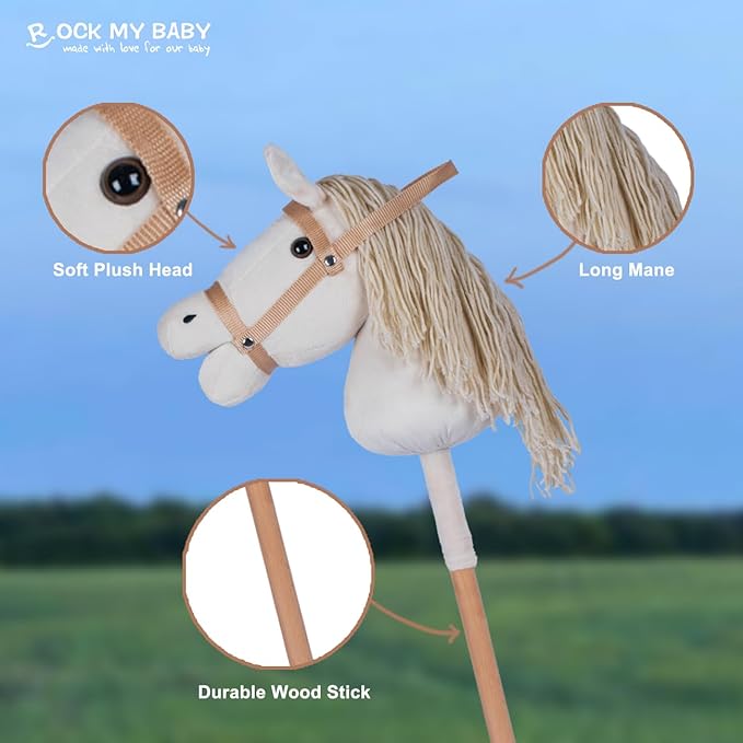 ROCK MY BABY Hobby Horse Plush Stuffed Stick Horse with Award Ribbon for Boys and Girls 3+ Fun Toys for Pretend Play (Cream) CPC Certified