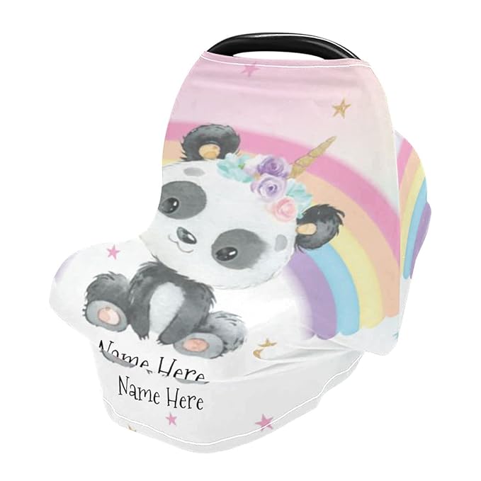 Personalized Rainbow Cute Panda Baby Car Seat Covers for Girls Boys, Customized Multiuse Carseat Canopy with Name, Multiuse Nursing Cover Breastfeeding Scarf, Infant Stroller Cover