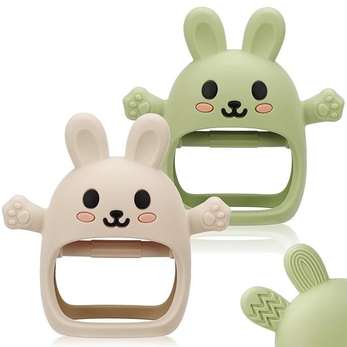 Easter 2 Pack Baby Teething Toys for 3-6 6-12 Months, Soft Silicone BPA Free Bunny Teething Mitten, Easter Basket Stuffers Chew Teether Toys 0-3 6 9 12 Months for Babies Sucking Needs