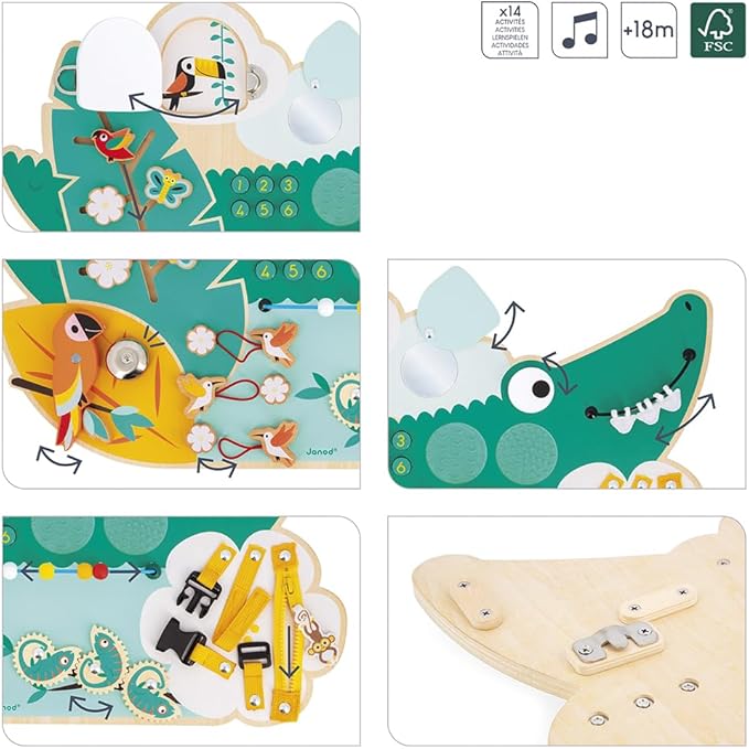 Janod Busy Board Crocodile Theme Jungle Animals - 14 Activities for Boys Girls - Develops Fine Motor Skills - FSCTM - Wooden Toy - from 18 Months - J08280