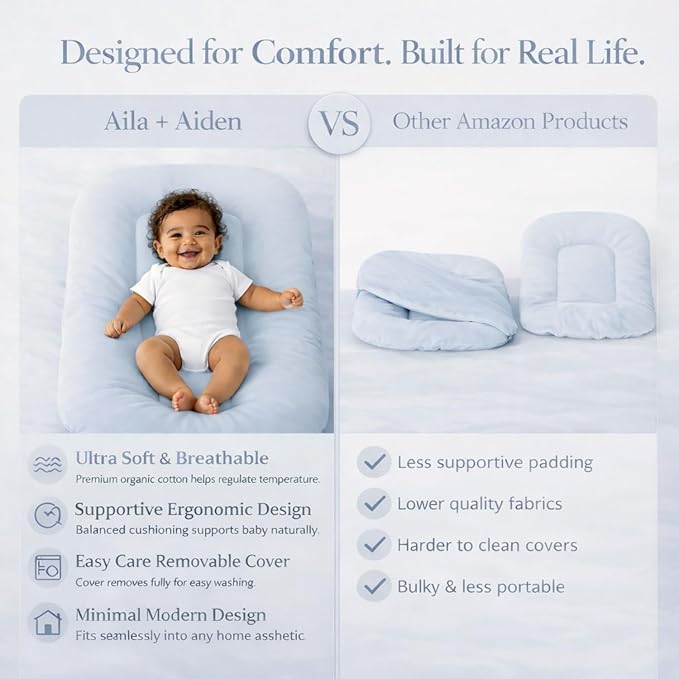 Aila + Aiden Baby Lounger | Organic Cotton Infant Lounger | Adjustable & Portable Floor Lounger | Supervised Use | Soft, Breathable, Washable Cover - Snuggle Collection - (Blue)