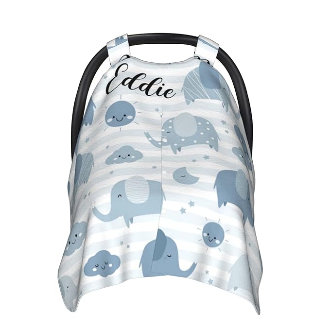 Personalized Smiling Elephant Baby Infant Car Seats Canopy for Babies with Name, Custom Glowing Sun Lightweight Covers for Baby Boys Girls, Minky Breastfeeding Stroller Cover for Newborn