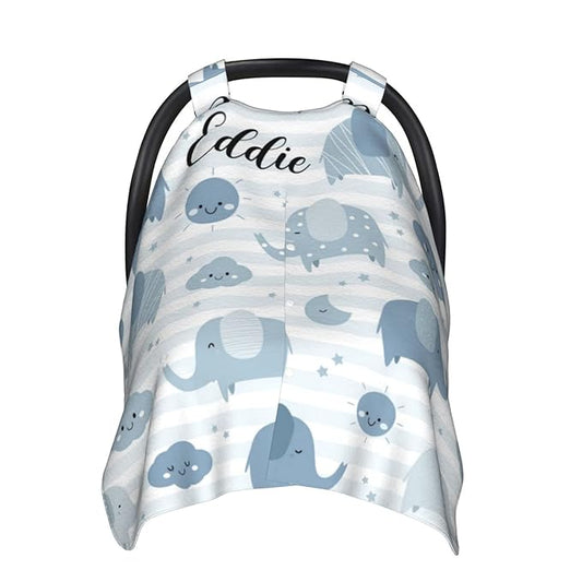 Personalized Smiling Elephant Baby Infant Car Seats Canopy for Babies with Name, Custom Glowing Sun Lightweight Covers for Baby Boys Girls, Minky Breastfeeding Stroller Cover for Newborn