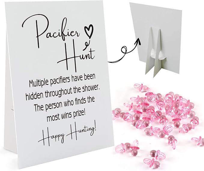 Baby Pacifier Hunt Baby Shower Games, Gender Reveal Game, 8×10 Sign and 50 Mini Acrylic Pacifier, Favorite Adults Kids Games for Baby Shower Activities, Gender Neutral Boy and Girl BPH02