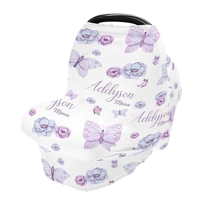 Personalized Baby Car Seat Cover for Girls, Custom Purple Butterfly Nursing Covers for Breastfeeding with Name, Infant Stroller Cover, Baby Carseat Canopy for Newborn, Multiuse Car Seat Canopies