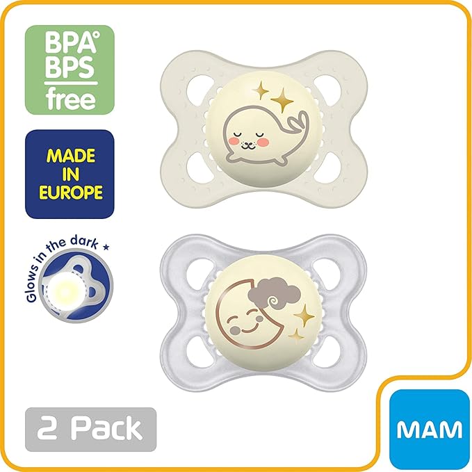 MAM Original Day & Night Baby Pacifier, Nipple Shape Helps Promote Healthy Oral Development, Glows in The Dark, 0-6 Months, Unisex Baby. 2 Count
