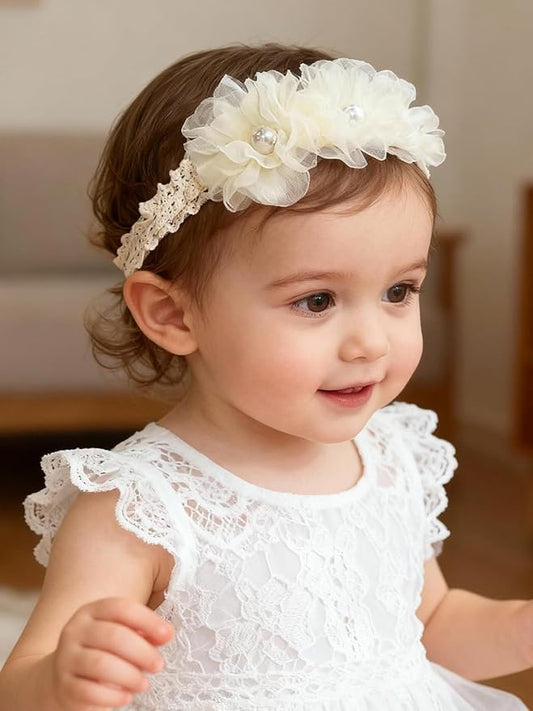 Handmade Baby Girl Headbands in Beige and Pink Lace Flowers for Newborns and Toddlers Cute Baby Girl Flowers and Newborn Headbands (Beige Lace Pearl Floral, One Size)