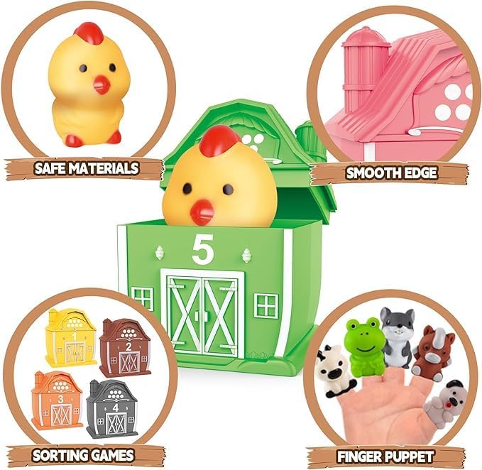 EnAuRoL Learning Barn Toys for Toddlers 3+ Years Old, 20 Pieces Farm Animal Finger Puppets for Kids, Montessori,Counting, Matching and Color Sorting Set, Christmas Birthday Gift for Boys Girls