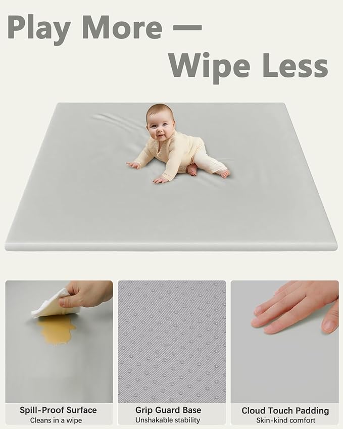 Vegan Leather Baby Play Mat Cover, 50x50 Inch, Waterproof Stylish and Just Wipe-Clean Playmat for Baby Play on Floor (Gray)
