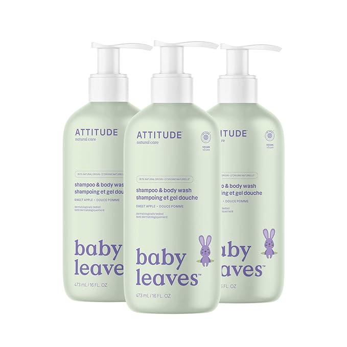 ATTITUDE Baby 2-in-1 Shampoo and Body Wash, EWG Verified, Dermatologically Tested, Made with Naturally Derived Ingredients, Vegan, Sweet Apple, 16 Fl Oz (Pack of 3)