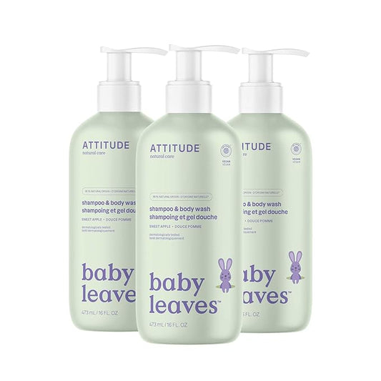 ATTITUDE Baby 2-in-1 Shampoo and Body Wash, EWG Verified, Dermatologically Tested, Made with Naturally Derived Ingredients, Vegan, Sweet Apple, 16 Fl Oz (Pack of 3)