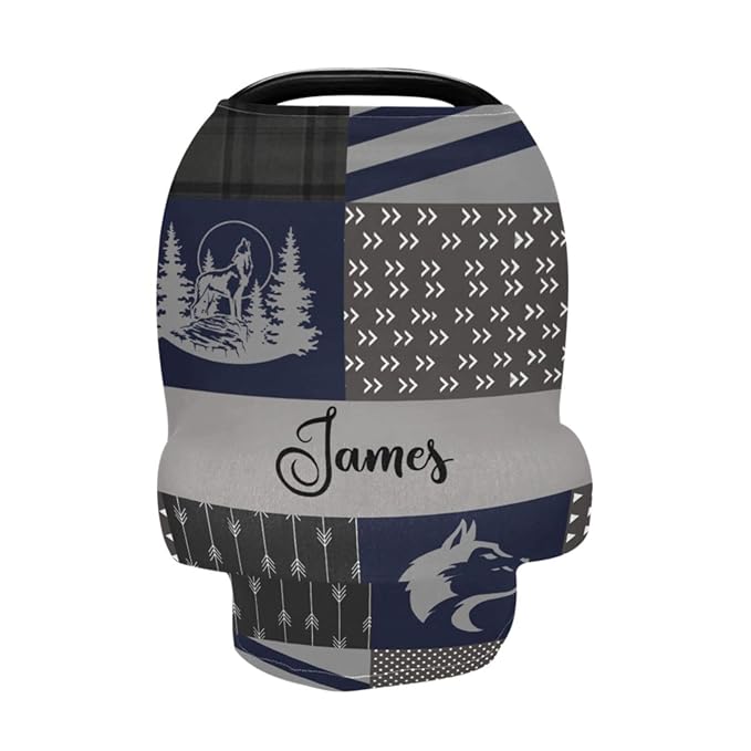 Multi-Use Baby Boy Car Seat Cover Personalized, Customized Woodland Wolf Nursing Cover with Name, Breathable Breastfeeding Covers Soft Infant Stroller Canopy, Shower Gift for Newborn Babies