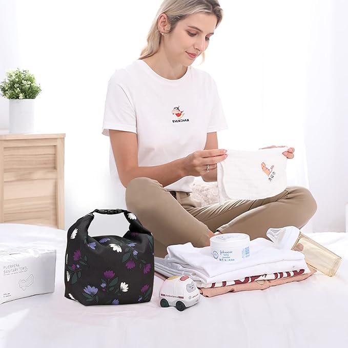SONARIN Large Pacifier Bag with Buckle,Portable Waterproof Pacifier Holder Case Baby Dummy Case Soother Pod Lunch Bag Storage Bag for Holding Pacifiers Snacks Baby Bottles(Purple Flowers)