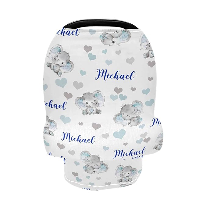Personalized Cute Elephant Baby Car Seat Covers with Name, Custom Multiuse Nursing Breastfeeding Car seat Canopy, Infant Stroller Covers for Newborn Girl Boy, Ultra-Soft Breathable, Nursing Scarf
