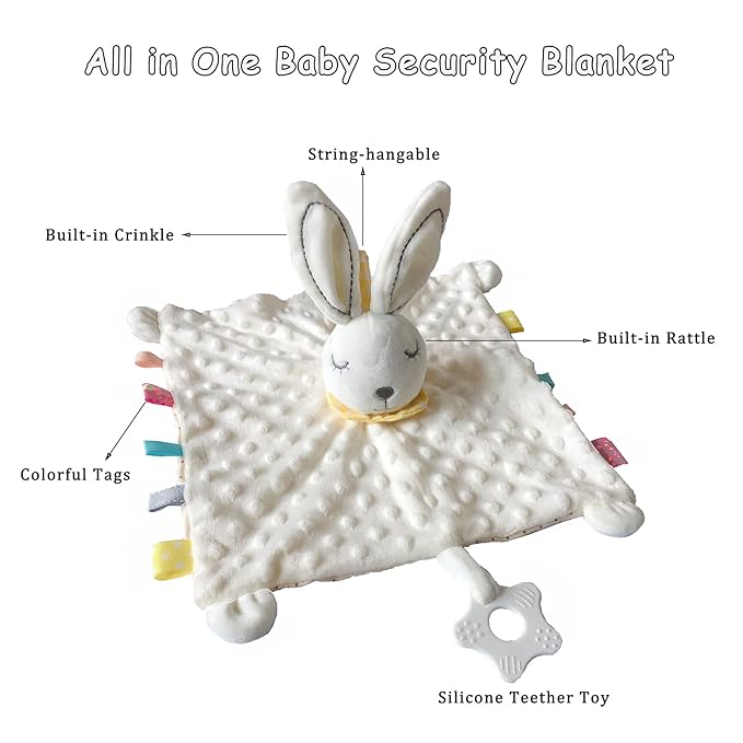 Lovey Bunny Security Blanket for Baby Girls Boys Soft Plush Stuffed Animal Blanket with Crinkle in Ear Infant Tags Security Blanket Taggy Rattle Toys Soothing Sensory Teether Toy Great Shower Gift