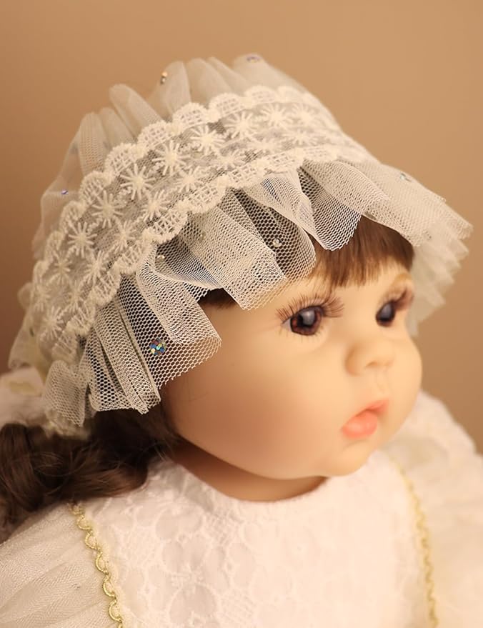 Baby Girls Headband Lacy Bow Pearl Wide Hair Band Turban for Infants Newborn Toddler Floral Ivory Elastic Head Wrap Breathable Sun Bonnet Hair Accessories (Ivory C)
