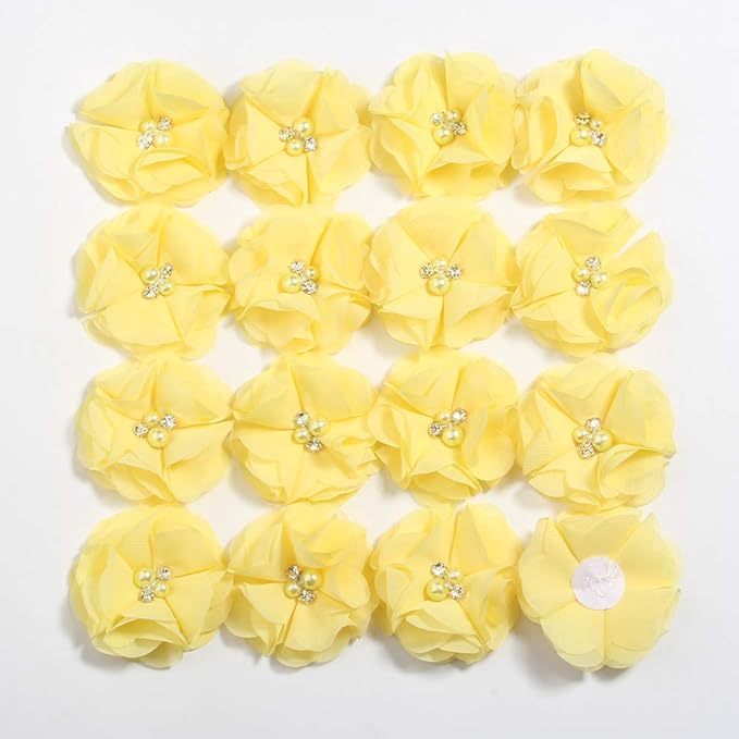 50 Pcs 2" Mini Chiffon Flowers with Rhinestones for Baby Girls Hair Accessories Artificial Fabric Flowers for Headbands Craft Projects (Yellow)