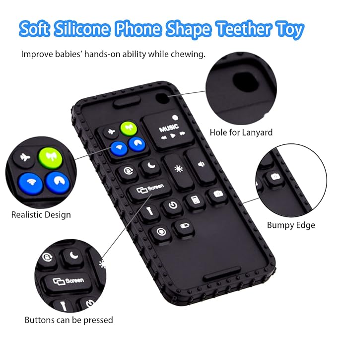 Soft Silicone Baby Cell Phone Teethers | Teething Toys 0-12 Months | Infant Teether for Breastfeeding Baby Boy Girl (Black)