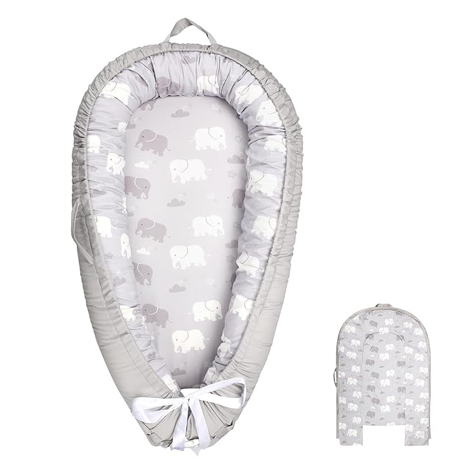 Baby Lounger Replacement Cover, Newborn Lounger cover for 0-12 Months, Breathable & Portable Infant Lounger Case, Soft Baby Floor Seat Cover for Travel, Machine Washable (Cover Only), Grey elephants