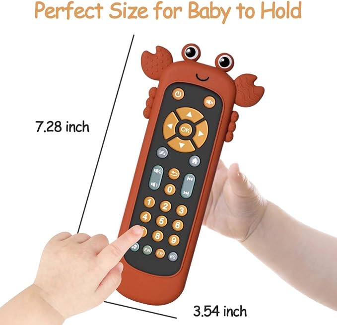 Baby TV Remote Control Toy with Cute Crab Soft Silicone Cover Teething Toy, Realistic Baby Musical Remote Control Toy with Light ＆ Sound, Educational Toys with 3 Language for 6m+Toddlers